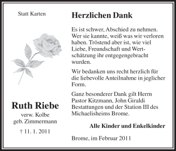 Traueranzeige von Ruth Riebe von ALLGEMEINE ZEITUNG UELZEN