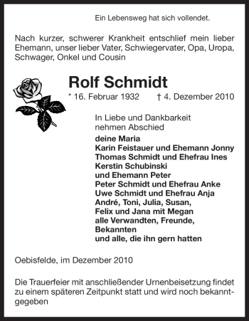 Traueranzeige von Rolf Schmidt von ALLGEMEINE ZEITUNG UELZEN