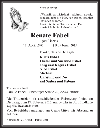 Traueranzeige von Renate Fabel von Uelzen