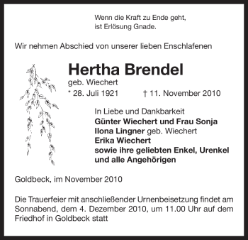 Traueranzeige von Hertha Brendel von ALLGEMEINE ZEITUNG UELZEN