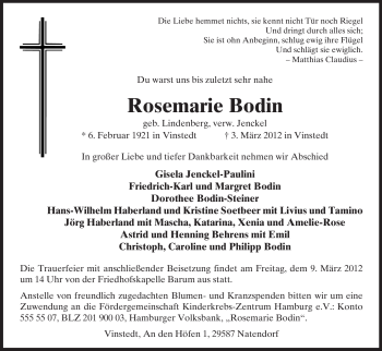 Traueranzeige von Rosemarie Bodin von ALLGEMEINE ZEITUNG UELZEN