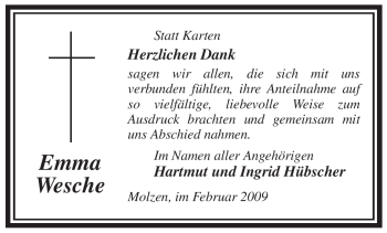 Traueranzeige von Emma Wesche von ALLGEMEINE ZEITUNG UELZEN