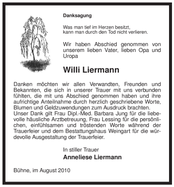 Traueranzeige von Willi Liermann von ALLGEMEINE ZEITUNG UELZEN