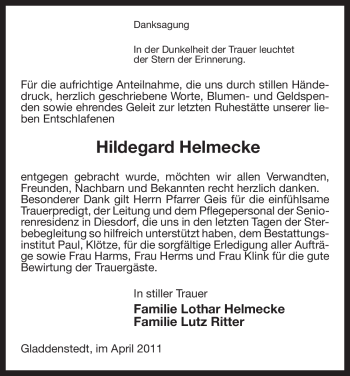 Traueranzeige von Hildegard Helmecke von ALLGEMEINE ZEITUNG UELZEN