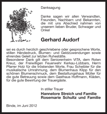 Traueranzeige von Gerhard Audorf von ALLGEMEINE ZEITUNG UELZEN