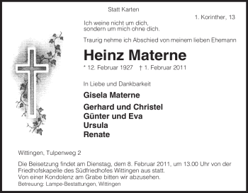 Traueranzeige von Heinz Materne von ALLGEMEINE ZEITUNG UELZEN