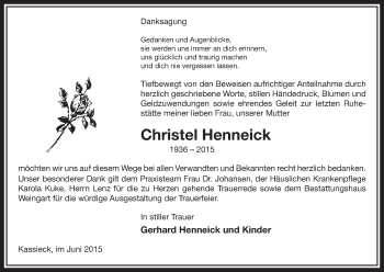 Traueranzeige von Christel Henneick von Uelzen