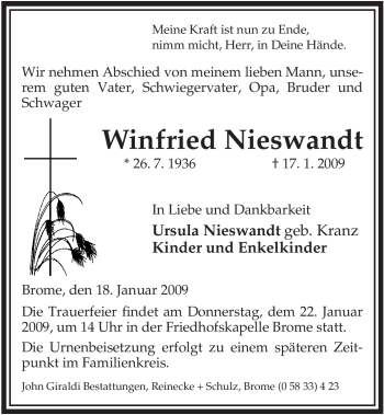 Traueranzeige von Winfried Nieswandt von ALLGEMEINE ZEITUNG UELZEN