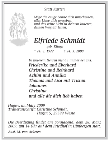 Traueranzeige von Elfriede Schmidt von ALLGEMEINE ZEITUNG UELZEN