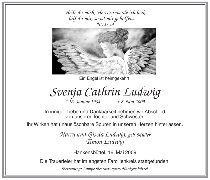  Traueranzeige für Svenja Cathrin Ludwig vom 16.05.2009 aus ALLGEMEINE ZEITUNG UELZEN