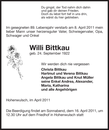 Traueranzeige von Willi Bittkau von ALLGEMEINE ZEITUNG UELZEN