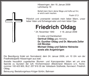 Traueranzeige von Friedrich Oldag von ALLGEMEINE ZEITUNG UELZEN