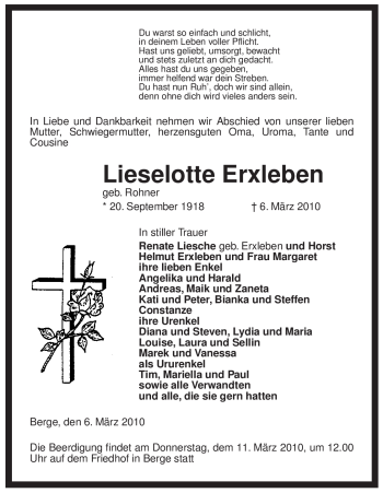 Traueranzeige von Lieselotte Erxleben von ALLGEMEINE ZEITUNG UELZEN