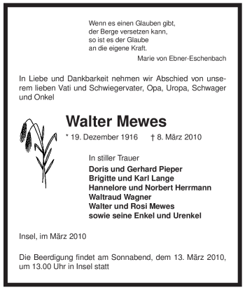 Traueranzeige von Walter Mewes von ALLGEMEINE ZEITUNG UELZEN