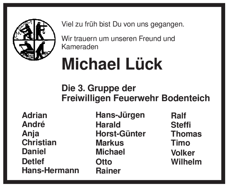  Traueranzeige für Michael Lück vom 16.07.2009 aus ALLGEMEINE ZEITUNG UELZEN