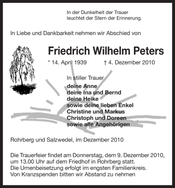 Traueranzeige von Friedrich Wilhelm Peters von ALLGEMEINE ZEITUNG UELZEN
