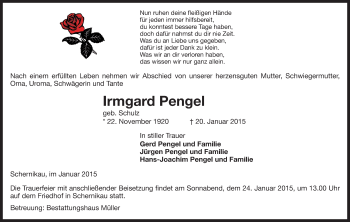 Traueranzeige von Irmgard Pengel von Uelzen