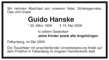 Traueranzeige von Guido Hanske von ALLGEMEINE ZEITUNG UELZEN