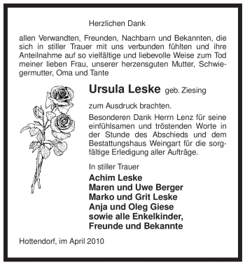 Traueranzeige von Ursula Leske von ALLGEMEINE ZEITUNG UELZEN