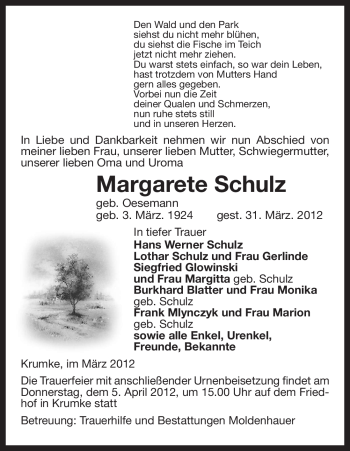 Traueranzeige von Margarete Schulz von ALLGEMEINE ZEITUNG UELZEN