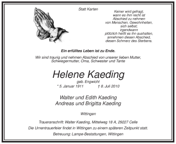 Traueranzeige von Helene Kaeding von ALLGEMEINE ZEITUNG UELZEN