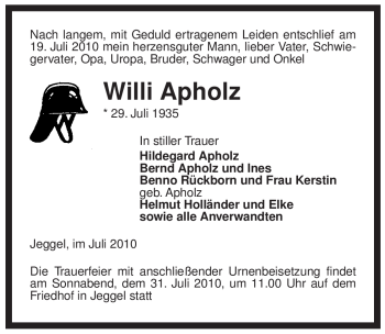 Traueranzeige von Willi Apholz von ALLGEMEINE ZEITUNG UELZEN