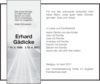 Traueranzeige von Erhard Gädicke von ALLGEMEINE ZEITUNG UELZEN