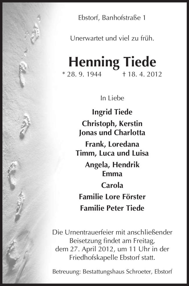 Traueranzeige für Henning Tiede, vom 20.04.2012 aus ALLGEMEINE ZEITUNG UELZEN