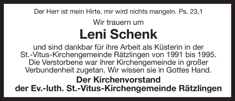  Traueranzeige für Leni Schenk vom 04.02.2011 aus ALLGEMEINE ZEITUNG UELZEN