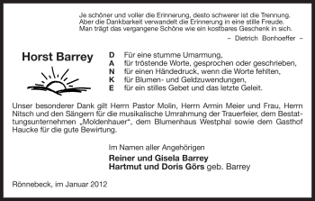 Traueranzeige von Horst Barrey von ALLGEMEINE ZEITUNG UELZEN