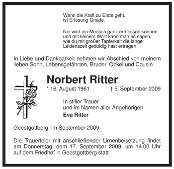 Traueranzeige von Norbert Ritter von ALLGEMEINE ZEITUNG UELZEN