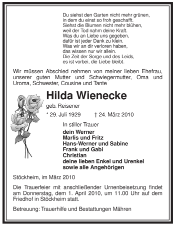 Traueranzeige von Hilda Wienecke von ALLGEMEINE ZEITUNG UELZEN