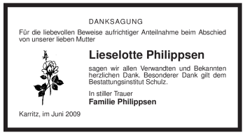 Traueranzeige von Lieselotte Philippsen von ALLGEMEINE ZEITUNG UELZEN