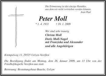 Traueranzeige von Peter Moll von ALLGEMEINE ZEITUNG UELZEN