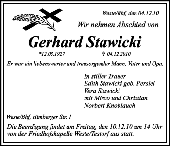 Traueranzeige von Gerhard Stawicki von ALLGEMEINE ZEITUNG UELZEN
