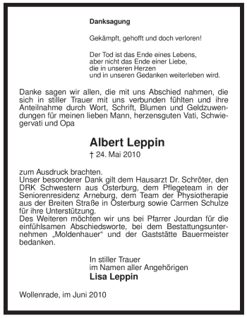 Traueranzeige von Albert Leppin von ALLGEMEINE ZEITUNG UELZEN