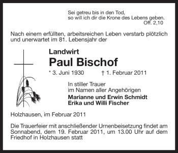 Traueranzeige von Paul Bischof von ALLGEMEINE ZEITUNG UELZEN