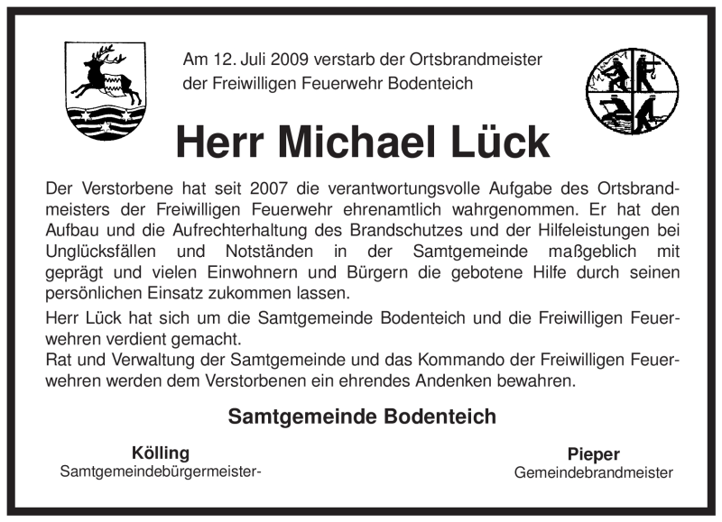  Traueranzeige für Michael Lück vom 16.07.2009 aus ALLGEMEINE ZEITUNG UELZEN