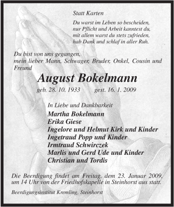 Traueranzeige von August Bokelmann von ALLGEMEINE ZEITUNG UELZEN