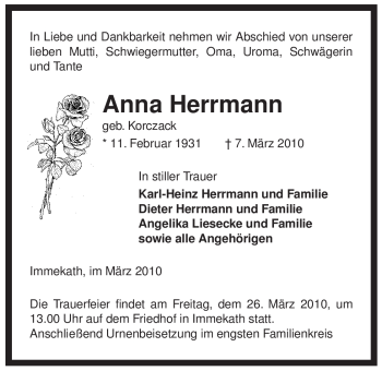 Traueranzeige von Anna Herrmann von ALLGEMEINE ZEITUNG UELZEN