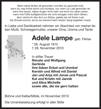 Traueranzeige von Adele Lampe von ALLGEMEINE ZEITUNG UELZEN