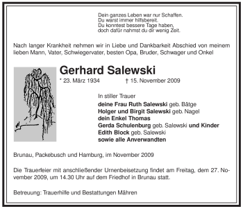Traueranzeige von Gerhard Salewski von ALLGEMEINE ZEITUNG UELZEN