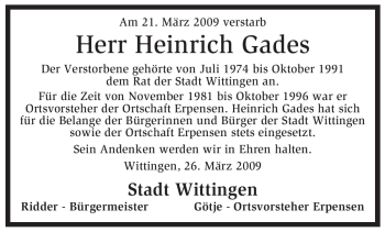 Traueranzeige von Heinrich Gades von ALLGEMEINE ZEITUNG UELZEN