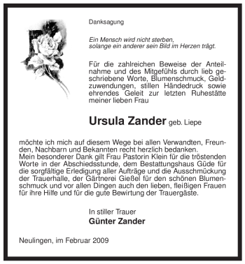 Traueranzeige von Ursula Zander von ALLGEMEINE ZEITUNG UELZEN