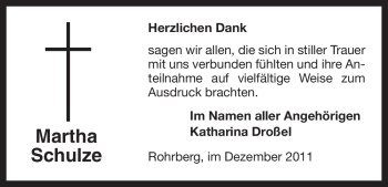 Traueranzeige von Martha Schulze von ALLGEMEINE ZEITUNG UELZEN