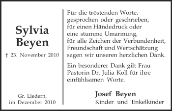 Traueranzeige von Sylvia Beyen von ALLGEMEINE ZEITUNG UELZEN