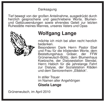 Traueranzeige von Wolfgang Lange von ALLGEMEINE ZEITUNG UELZEN