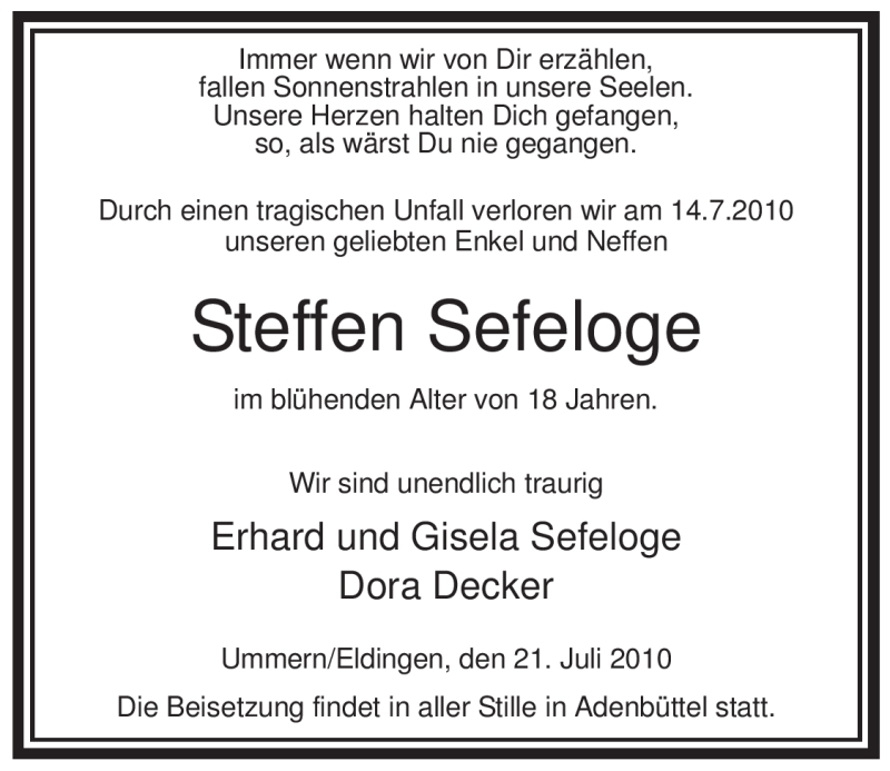  Traueranzeige für Steffen Sefeloge vom 21.07.2010 aus ALLGEMEINE ZEITUNG UELZEN