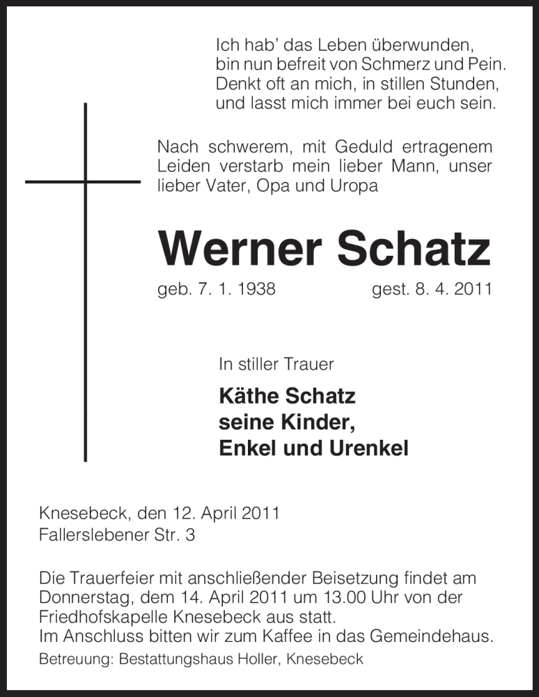  Traueranzeige für Werner Schatz vom 12.04.2011 aus ALLGEMEINE ZEITUNG UELZEN