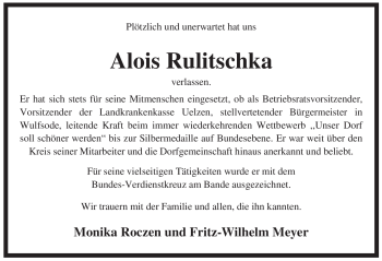 Traueranzeige von Alois Rulitschka von ALLGEMEINE ZEITUNG UELZEN